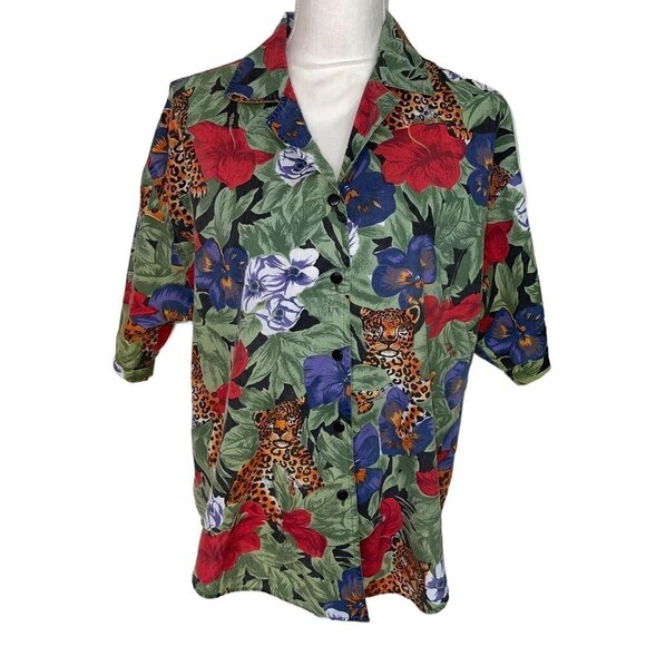 Caribou Womens Camp Shirt Green Size Medium Vintage Floral Leopard Print Button - Picture 10 of 12
